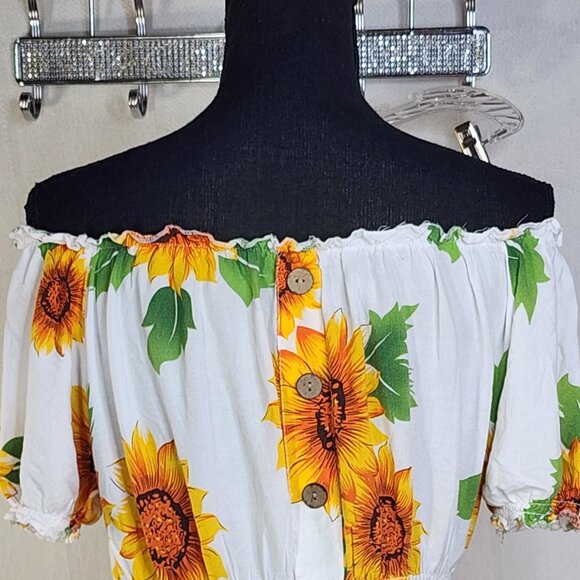 Ace White Yellow Orange Green Sunflowers Smocked Waist Drop Shoulder Maxi Sz 1X - Picture 2 of 16